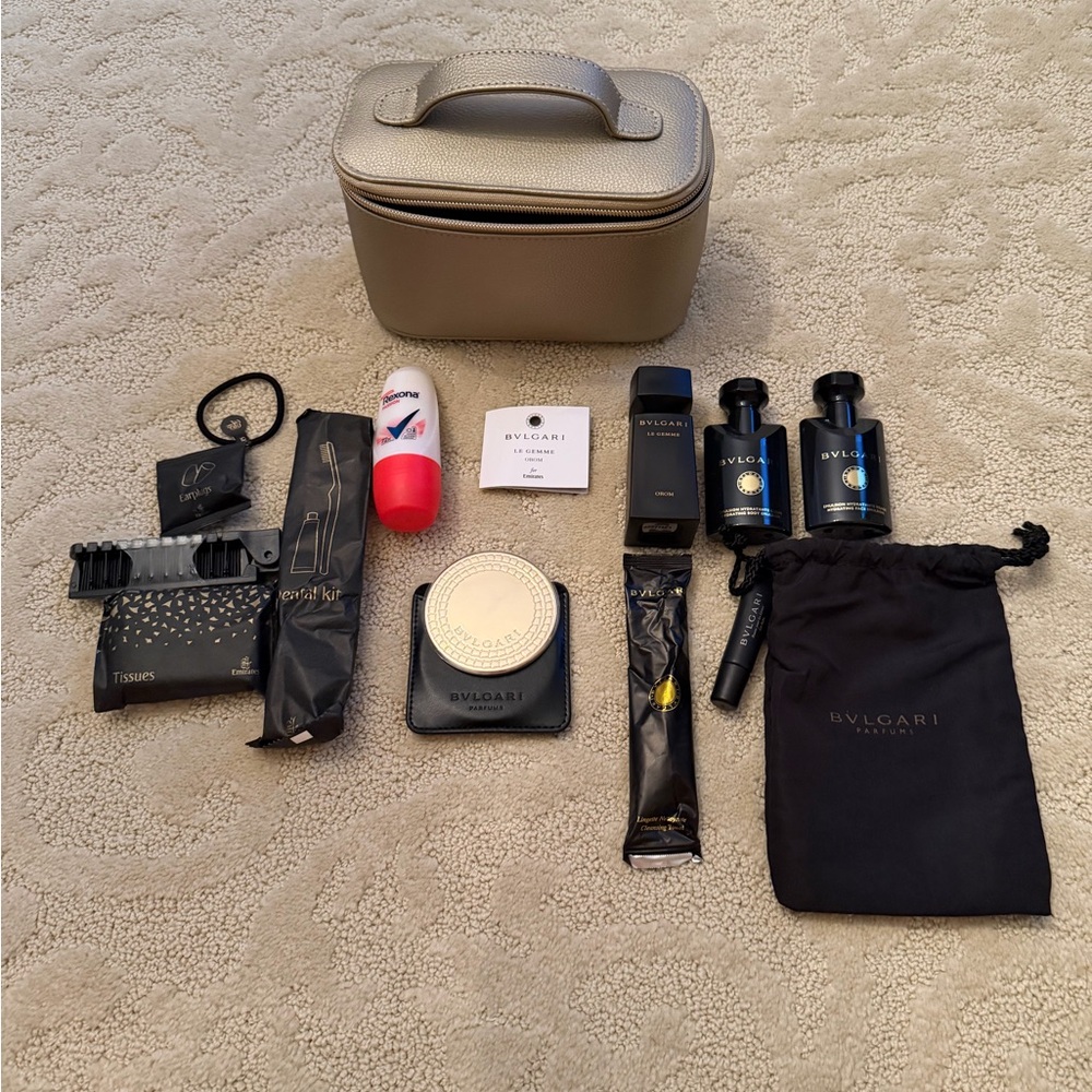 Bvlgari Emirates First Class Amenity Kit with Gold Case and Le Gemme Orom